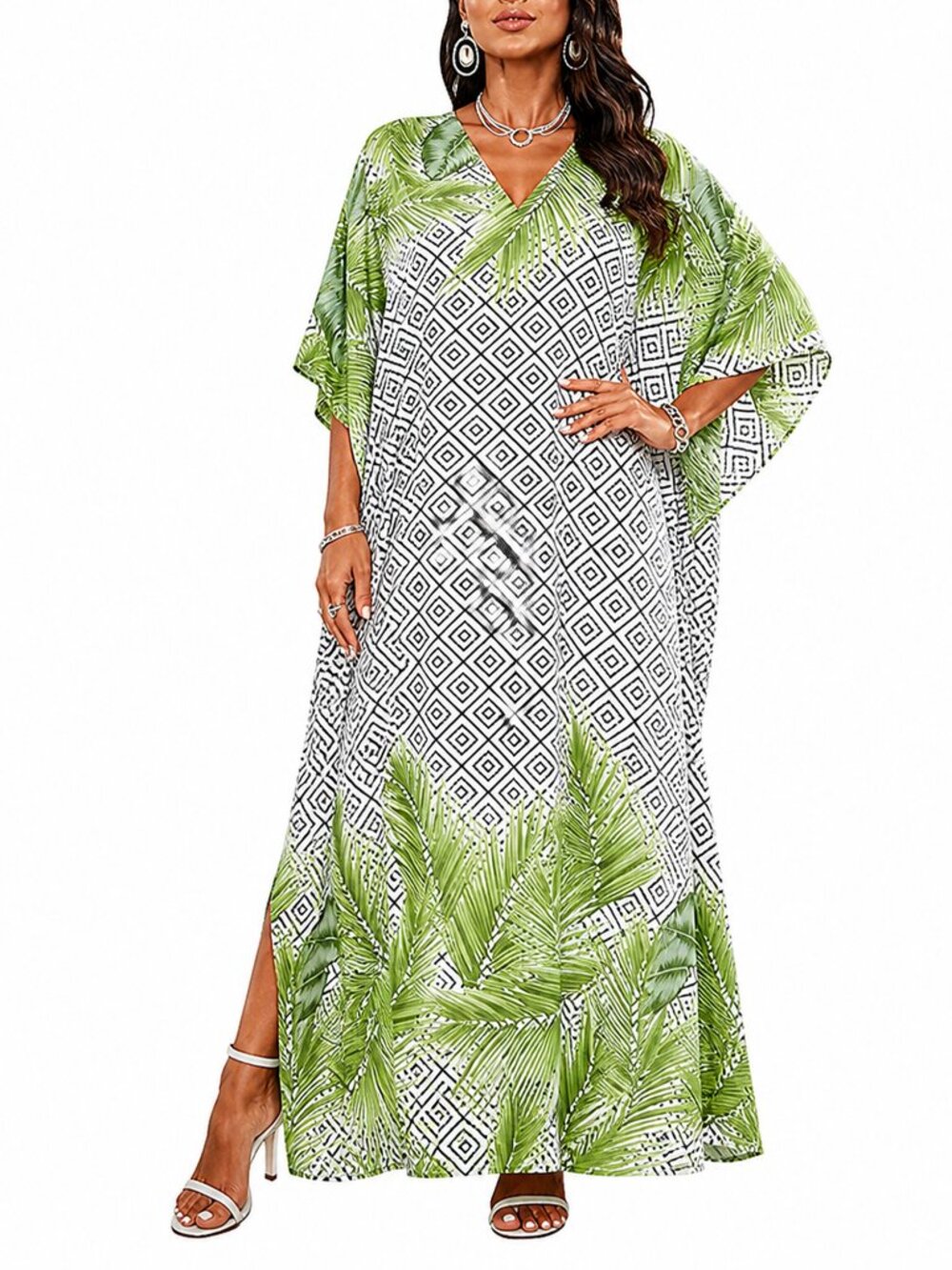 Gypsie Blu Leaf & Geometric Printed Plus Size Kaftan Dress Stylish Maxi Dresses